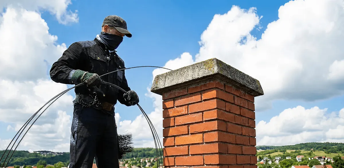 Chimney sweep cleaning a brick chimney with professional tools in Lowell, MA
